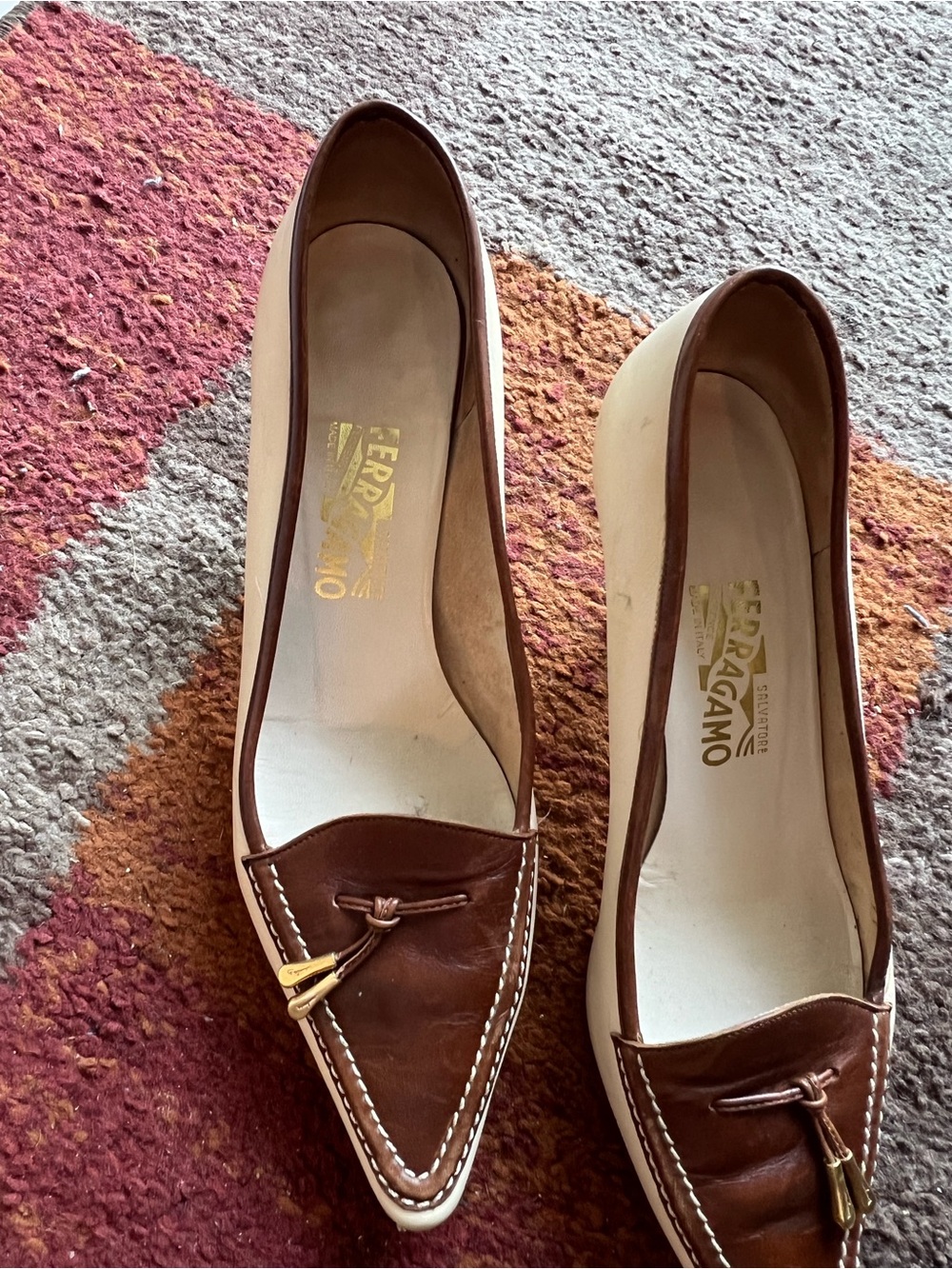 Salvatore Ferragamo Brown Pointed Toe Leather Loafers with Gold Accent - Picture 2 of 13